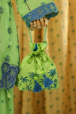 4 Piece Glitter Printed Green Cotton Silk Suite - RING42