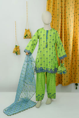 4 Piece Glitter Printed Green Cotton Silk Suite - RING42